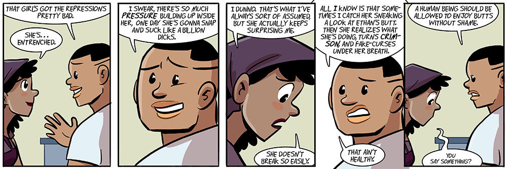 joyce isn't from one of the branches of christianity which does the sign of the cross so she has to express shame in other ways