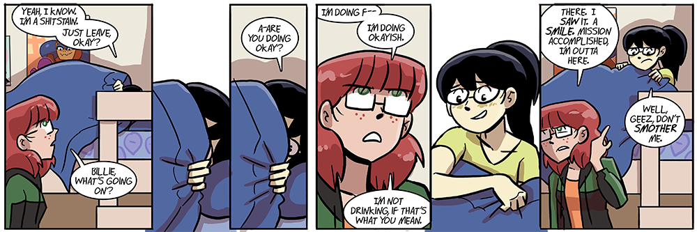 ruth stands atop an aircraft carrier flight deck in her aviation suit in front of a MISSION ACCOMPLISHED banner, secure in the belief that billie's grief is solved