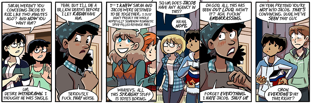 six panels, eight-and-a-half characters