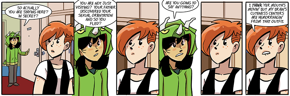 this strip was going to be an actual conversation, but then becky's first exposure to that dino hoodie took control and veered us away