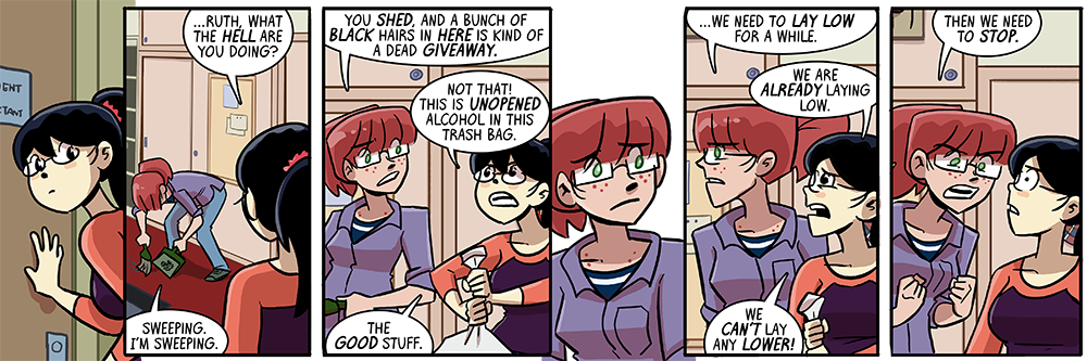 no, ruth, don't bend over like that to sweep, your spine will regret it when you're older