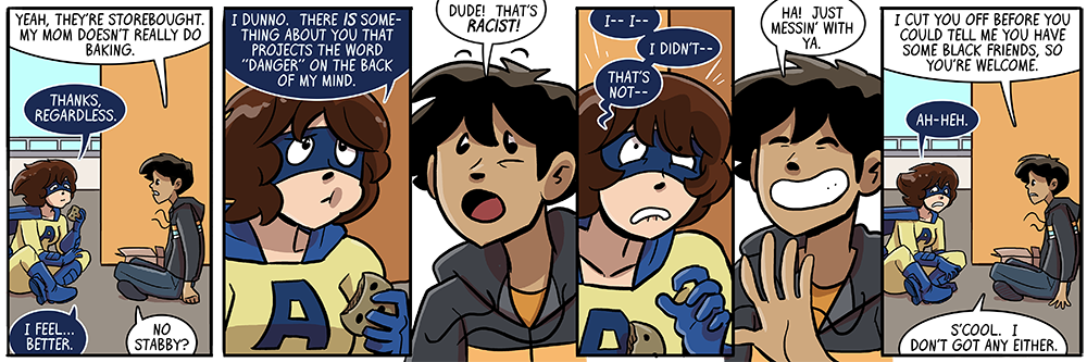 originally this strip began with a panel where amazi-girl said 'these cookies sure were good' but it was too 'battle royale'