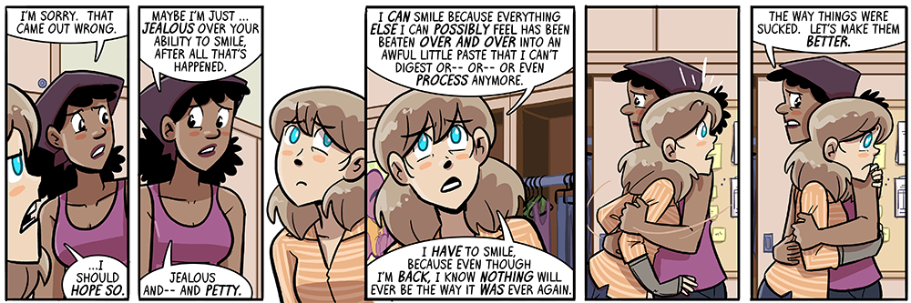 sarah unsure if she's doing this so-called 'hug' maneuver right, but by god she'll give it the ol' college try