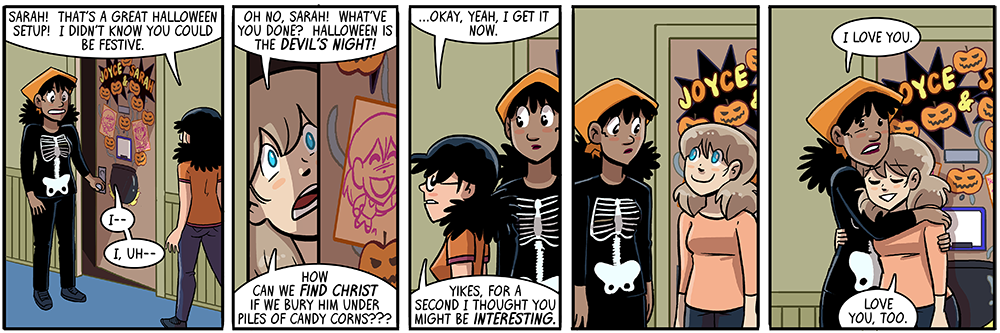 joyce tries to separate individual candy corns by color with a knife so they don't touch