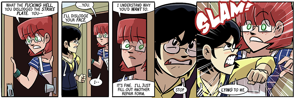 they've busted that door so many times ruth knows what the names of the parts of the doorknob are