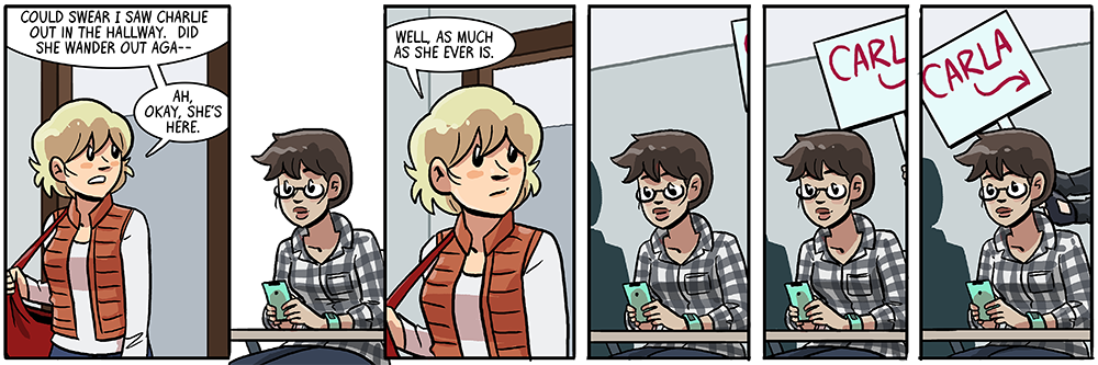 she carries a bunch of different carla signs with differently-pointing arrows