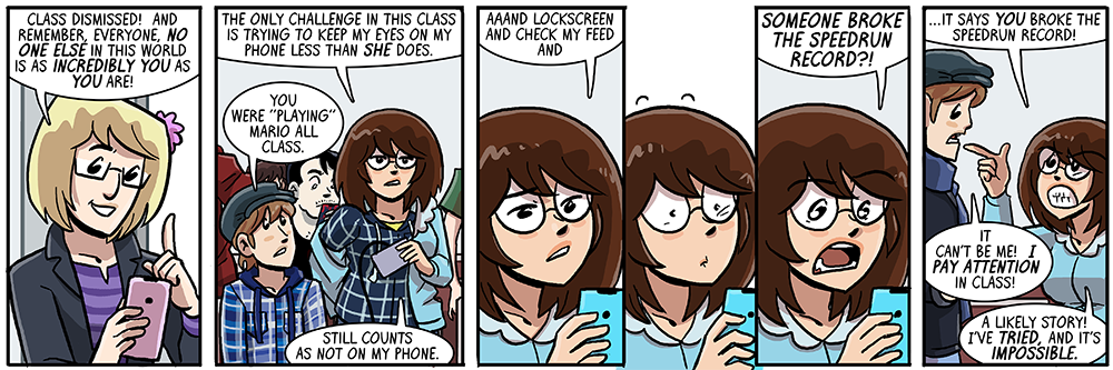 her mind's drifting regardless, it may as well be to her phone