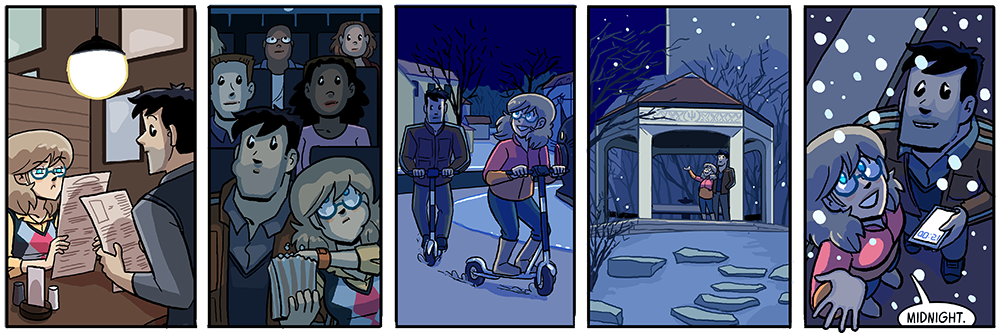 look it follows the midnight rule for new storylines if the last panel of the first strip happens at midnight